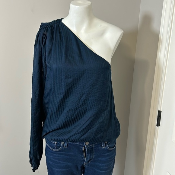 CAMI NYC Top Lenore ONE SHOULDER STRIPED Blue COTTON SILK BLEND Shirt Sz S - Picture 3 of 13